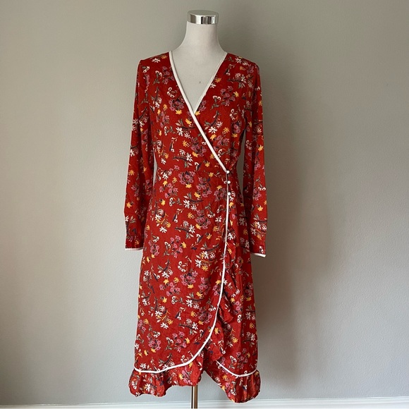 Free People Covent Garden Red Brick Floral Wrap Dress Size 6 - Picture 6 of 9